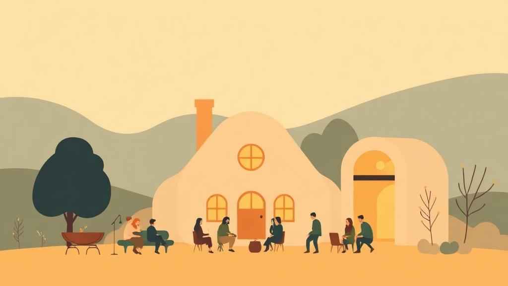 Abstract illustration of a warm community gathering outside a small house