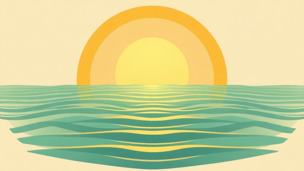 Abstract illustration of a golden sun rising over teal water ripples